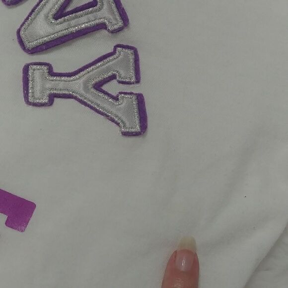 Aeropostale White Crew Neck Cap Sleeve Top with Purple/Silver lettering M - Picture 7 of 9